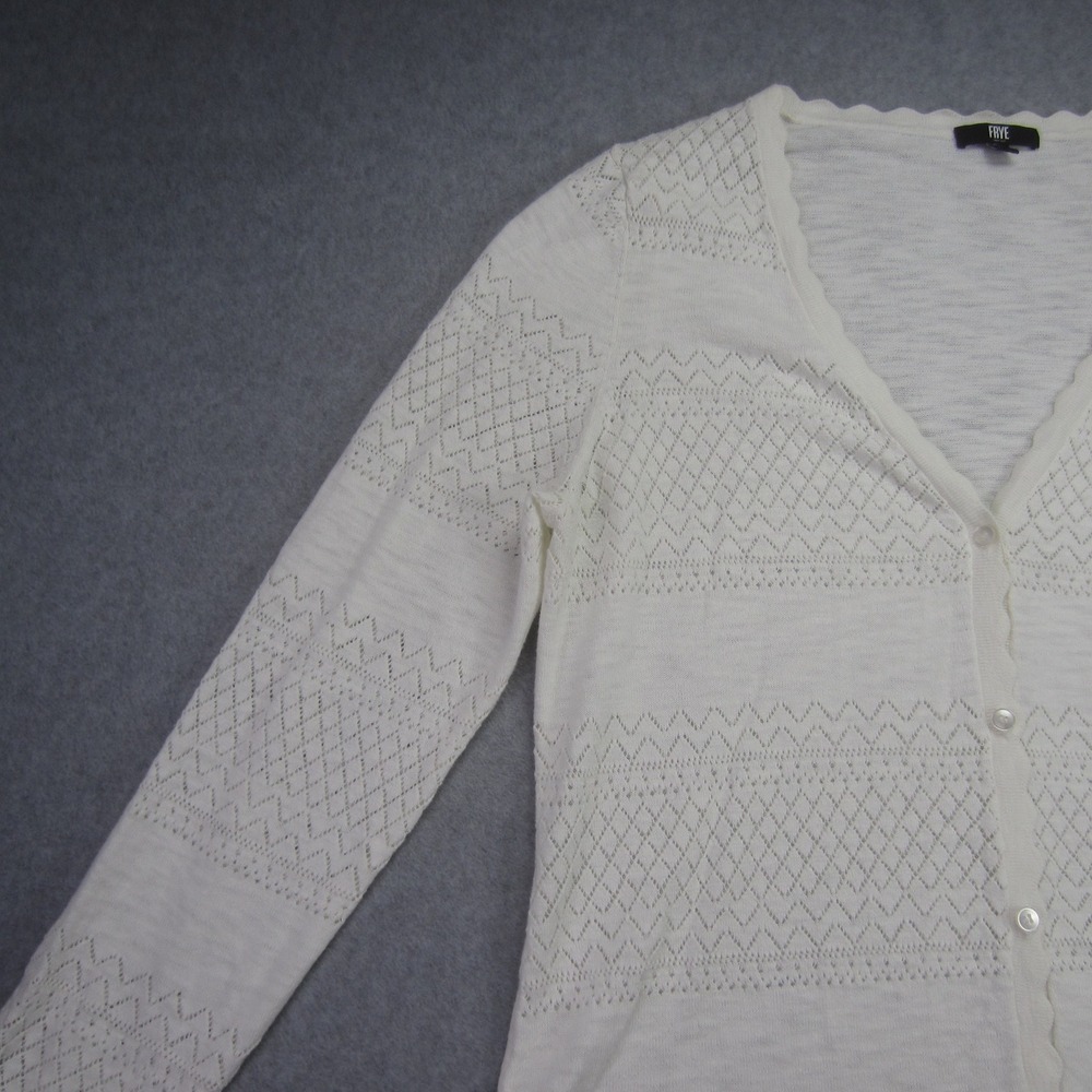 FRYE Sweater Womens‎ XL White Pointelle Scalloped V Neck Button Front Cardigan - Picture 3 of 16
